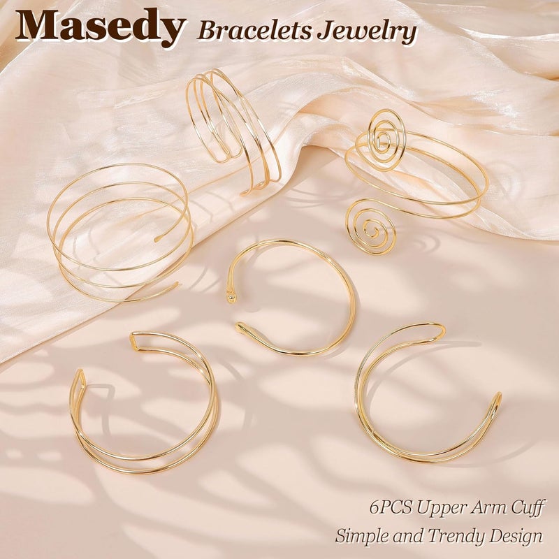 Masedy 6PCS Gold Arm Cuff Bracelets for Women Upper Armband Open Adjustable Wrist Arm Bangle Bracelets Set Minimalist Thin Stack Coil Swirl Trendy Armlet Jewelry - Image 3